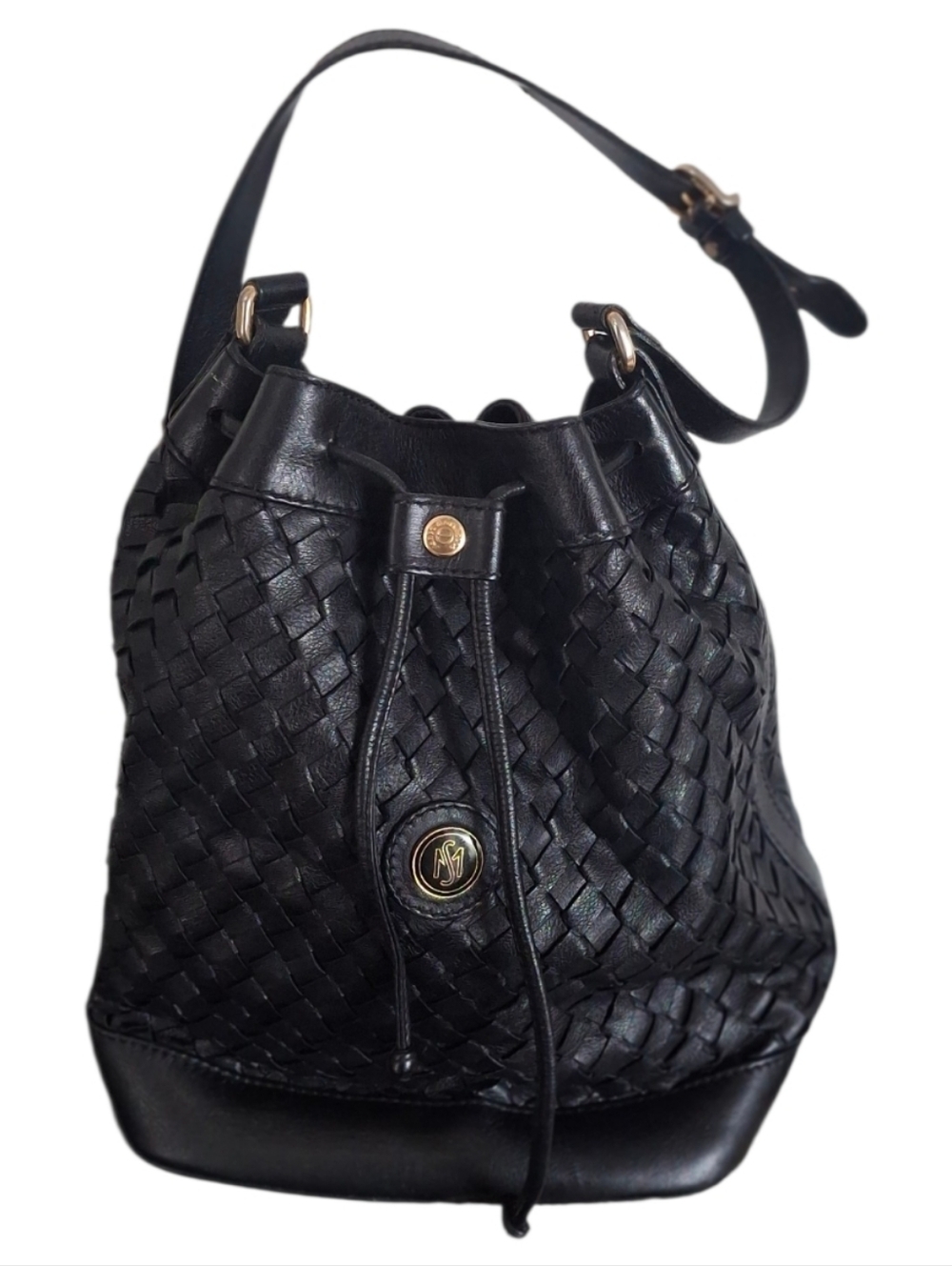 Vintage 90" Santa Marinella Tote Bag  Black Leather Woven Braided Bucket Hobo